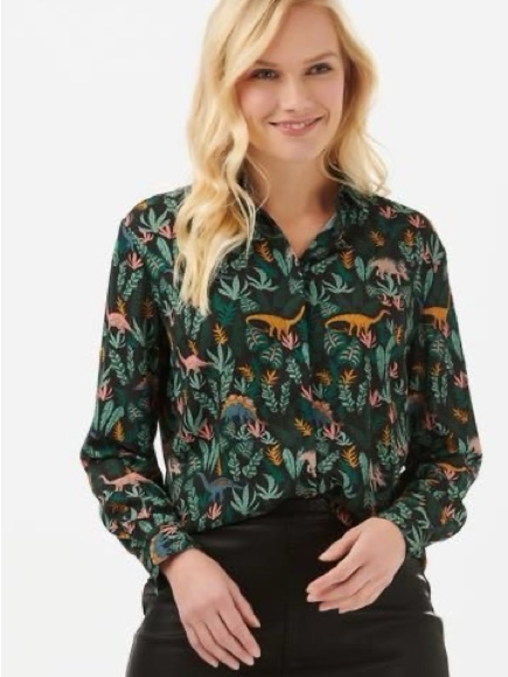 Sugar Hill Joy Blouse in Lost Dinosaur Print: Dark Green Long-Sleeve Button Down